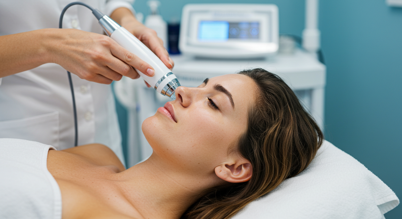 A woman lying on a spa chair receiving a HydraFacial treatment