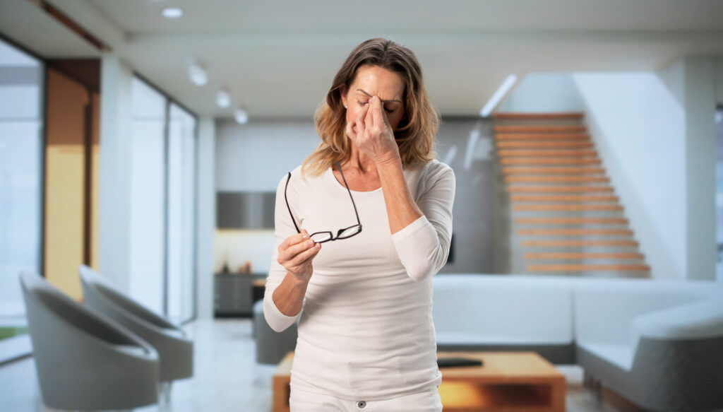 Woman standing in a kitchen with her hand over her face, showing signs of fatigue that may relate to hormonal imbalance.